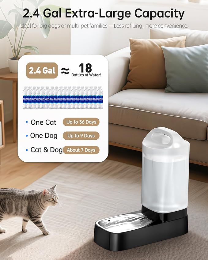 Automatic Dog Water Bowl Dispenser with Filter - 2.4 Gal Large Gravity Auto Pet Water Feeder Waterer with Stainless Steel Bowl & Easy Carry Handle for Large Dog Cat Multi Pet Use