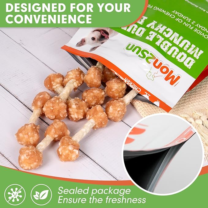 MON2SUN Dog Treats, 16oz Mini Rawhide Chews, Chicken Dumbbells with Rice for Small Dogs & Toy Breed, Crunchy and Healthy (2.5 Inch 30 Count) (Pack of 2)