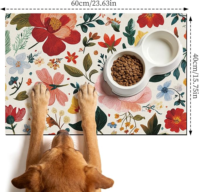 Pet Dog Cat Food Mat - Hamdwerk Absorbent Dog Bowl Mats for Food and Water, Anti Slip Cat Bowl Feeding Placemat for Floors, Quick Dry Diatomite Pet Dish Matts Supplies, Floral Style, 16 * 24in