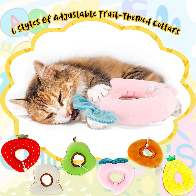 6 Pcs Cat Cone Collar Recovery Collar After Surgery Neck Protective Cone Collars Adjustable for Kitten Small Dog Cute Wound Healing to Stop Licking Fruits Shaped