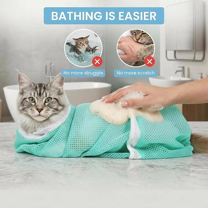 Cat Bathing Bag - Anti-Bite & Anti-Scratch Shower Bag, Adjustable Restraint Bag for Cat Washing, Nail Trimming & Injections, Breathable Mesh Design
