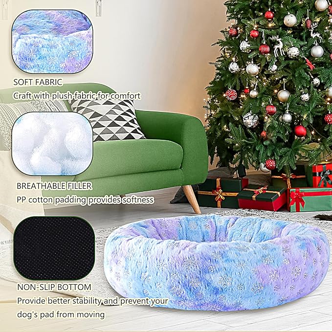 39 Inch Christmas Snowflakes Calming Dog Bed for Large Dogs, Round Anti-Anxiety Warm Bed, Soft Cozy Anti-Slip Donut Washable Pet Bed, Fits up to 100 lbs Pets