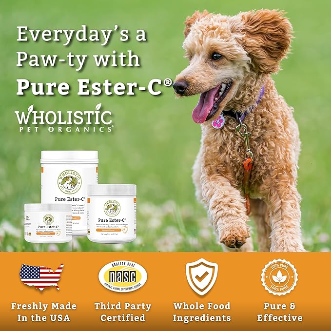 Wholistic Pet Organics Ester-C Powder for Dogs & Cats - Cat & Dog Allergy & Itch Relief - Vitamin C Immune Support Supplement - Itchy Skin Support for Seasonal Dog Allergy Relief - 4 oz - 113 Scoops