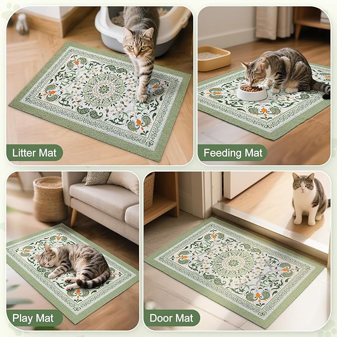 Unicorn Catcher Cat Litter Mat 33" x 22" Non-Slip Litter Box Mat Washable Litter Catcher Mat for Litter Box Indoor Food Mat Supplies Essentials, Green Mandala