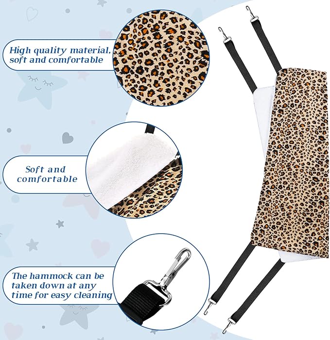 Jetec 2 Pieces Reversible Cat Hanging Hammock Soft Breathable Pet Cage Hammock with Adjustable Straps and Metal Hooks Double Sided Hanging Bed for Small Dogs Rabbits(Leopard and Dot,L)