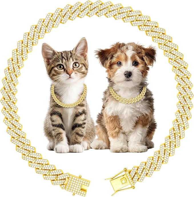 Luxury Cuban Link Puppy Collar Gold Puppy Chain Necklace with Diamond Rhinestones - 0.59 Inch Width Metal Pet Collar Jewelry for Puppy and Kitten (8 inch)