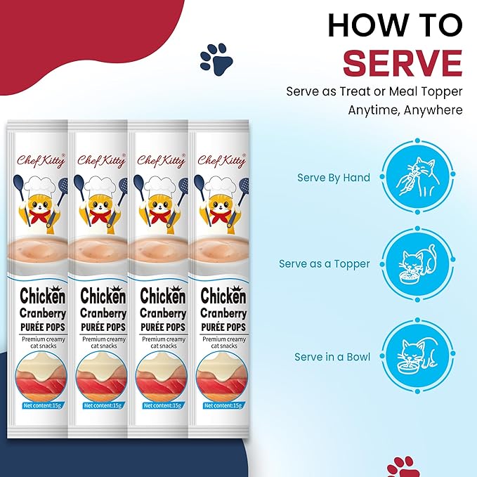 Purée Pops, Cat Treats, Grain-Free, Lickable, Squeezable Creamy Cat Treat/Topper with Vitamin E & Taurine, 0.5 Ounces Each Tube, 10 Tubes, Chicken with Cranberry Recipe