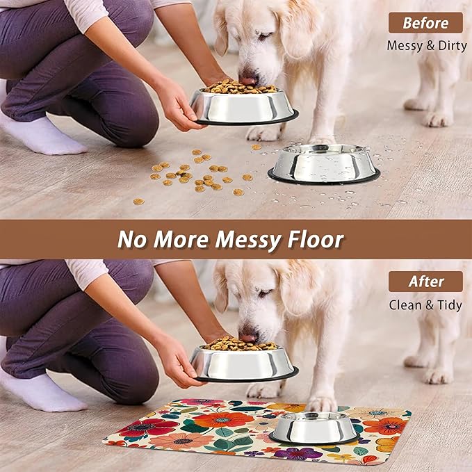 Floral White Dog Food Mat for Floors,Boho Absorbent Quick-Dry Pet Feeding Mat,Cat Dog Bowl Mats for Food and Water,Non-Slip Pet Accessories Supplies 12"x20"