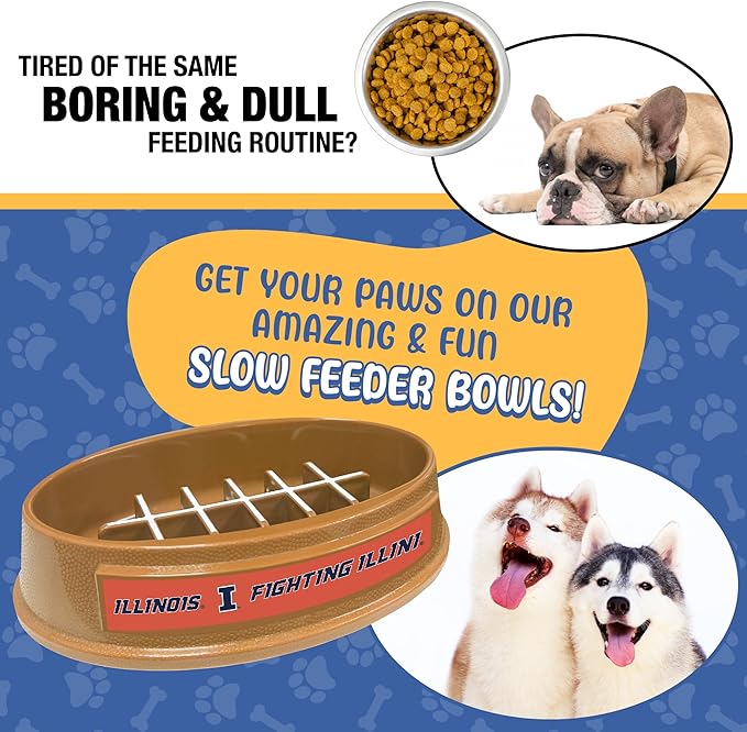 NCAA Super-Bowl - Illinois Fighting Illini Slow Feeder Dog Bowl. Football Design Slow Feeding Cat Bowl for Healthy Digestion. Non-Slip Pet Bowl for Large & Small Dogs & Cats