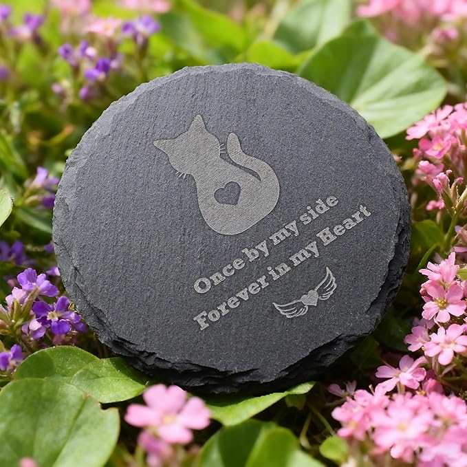 Round Cat Memorial Stone 4 Inch – “Once by My Side, Forever in My Heart” Engraved Grave Marker, Cat Loss Sympathy Gift, Outdoor Garden Pet Memorial Plaque, Indoor Memorial Decor