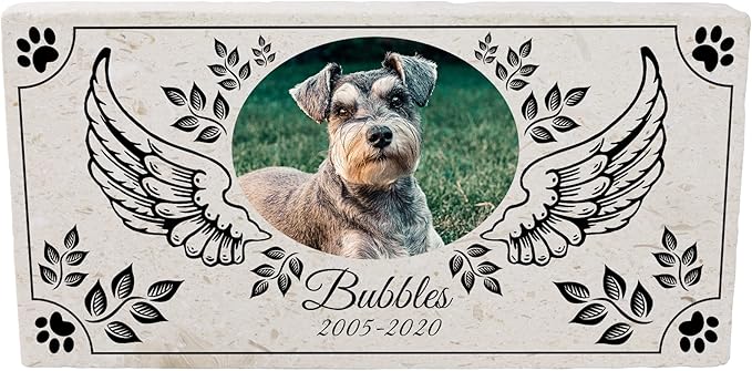 Personalized Pet Memorial with Keepsake Photo on Limestone - Headstones, Garden Stones, and Grave Markers for Dogs - Dog Memorial Stone, Pet Memorial Gifts - 12”x 6”x1.25" D (A. Bubbles Design)