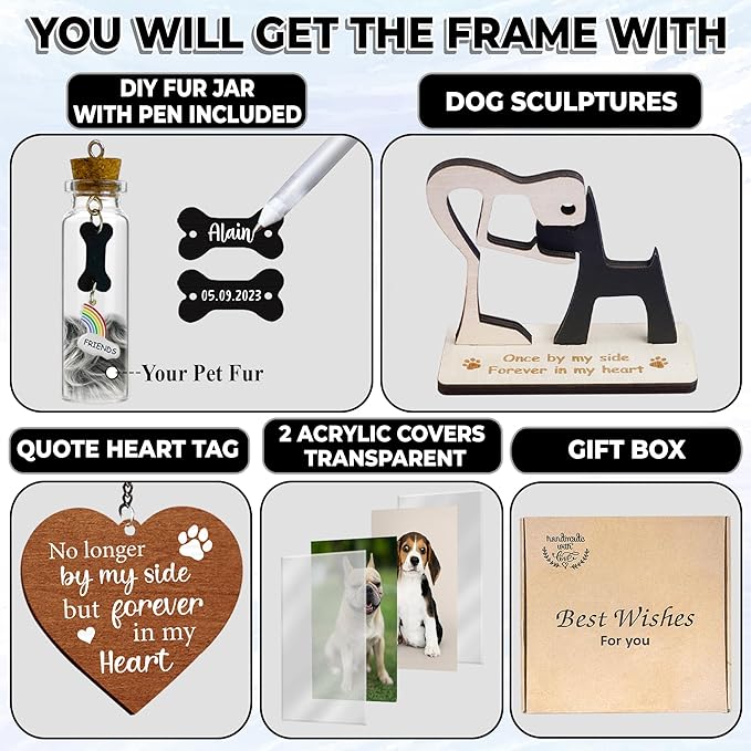 Pet Memorial 4x6 Picture Frame Wooden Rotating Walnut, Cat Remembrance Gifts, Pet Dogs Hair Keepsake Fur Jar Rainbow Bridge No Longer By My Side Heart Tag, In Loving Sympathy Animal Loss Gift PR-3W