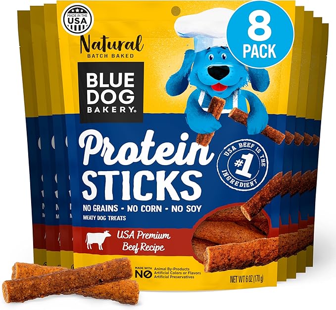 Blue Dog Bakery Protein Jerky Sticks | Medium, Soft Beef Flavor Chew Sticks | Natural Healthy Dog Treats, 6 oz (Pack of 8)