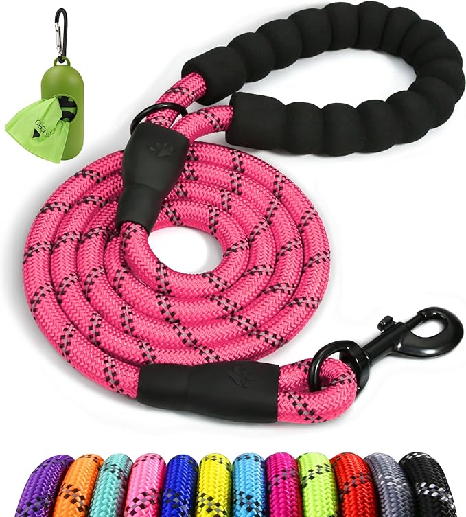 Taglory Rope Dog Leash 6 FT with Comfortable Padded Handle, Highly Reflective Threads Leash and Anti-Tangle Clip for Walking Medium Large Dogs, 1/2 inch, Pink