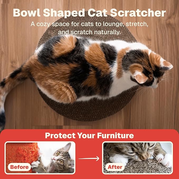 Selly's Den Bowl Shaped Cat Scratcher Round Cardboard Cat Bed and Scratcher in One, for Lounging and Scratching (16 inches)