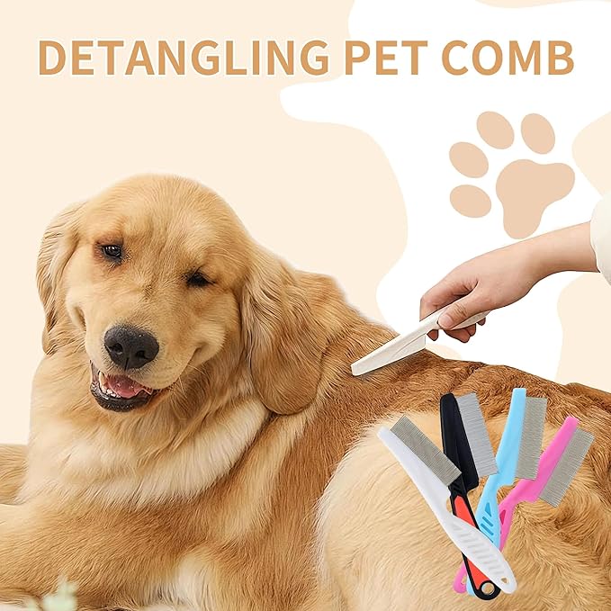 4-Pack Flea Comb for Dogs & Cats - Fine Tooth Stainless Steel Grooming Comb with Anti-Slip Rubber Handle, Removes Fleas, Tangles & Tear Stains (Black, Blue, White & Pink)