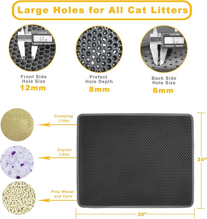Cat Litter Mat 30" x 24" LARGE Size, Urine Proof Waterproof Sleeping Pad, Premium EVA No Phthalate, Washable Easy Clean, Trapping for Litter Box Anti Tracking Kitty Mats Gray