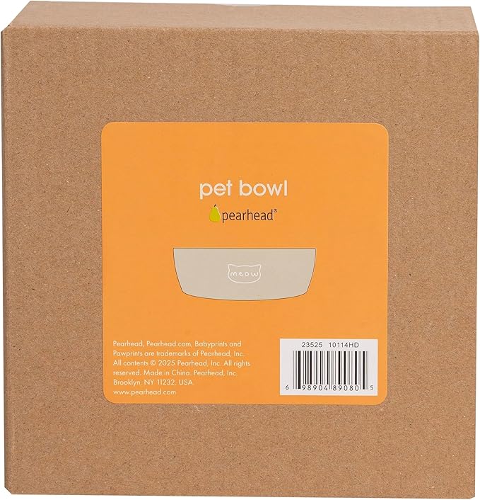 Pearhead Ceramic Cat Bowl – Neutral Taupe “Meow” Design, Holds 1.3 Cups, Stoneware Pet Dish, Whisker-Friendly Pet Feeding Bowl, Non-Skid, Small (Pack of 2)