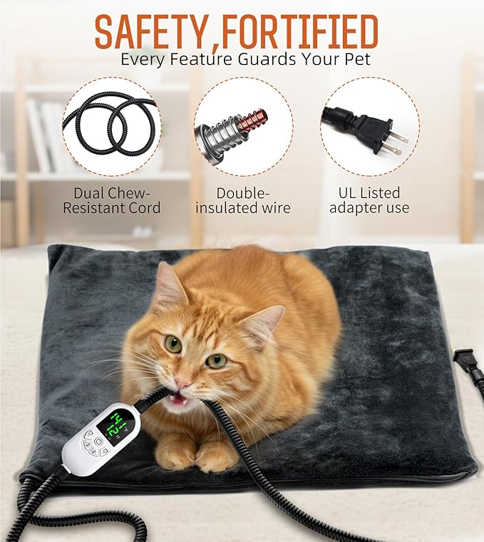 Pet Heating Pad for Cats & Dogs, Electric Heated Cat Bed with Adjustable Temperature (12 Levels) & Timer (12 Options), Chew-Resistant Cord, Indoor & Outdoor Use 18“x18”-25W