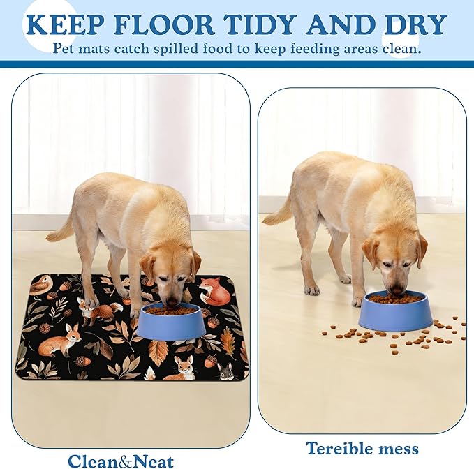 Wild Forest Animals Pet Feeding Mat–Christmas Stocking Quick Dry Absorbent Dog Cat Food Mat, Non Slip Waterproof Bowl Placemat for Messy Eaters, Pet Accessories for Floors 12"x20"