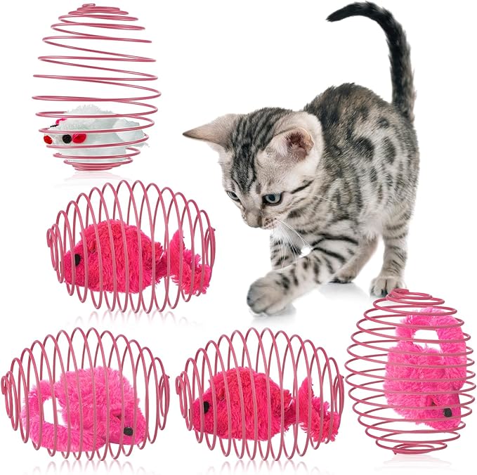 Jecery 5 Pcs Cat Spring Balls Toys Stretchable Rolling Balls Colorful Playful Coils Interactive Action Toy Caged Rats for Kitten Pet Supplies (Mouse,Pink)
