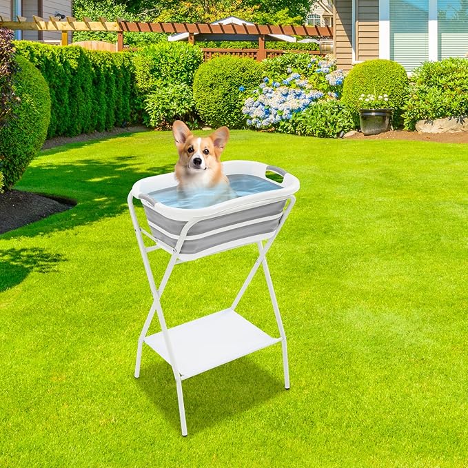 2 in 1 Dog Bathtub Small Pet Bathtub with Stand, Foldable Pet Bath with Drainage Tube, Portable Dog Washing Station for Small Dogs Cats, Indoor & Outdoor, 110.23lbs Load, 26'' L×16.5‘’ W×38.8'' H