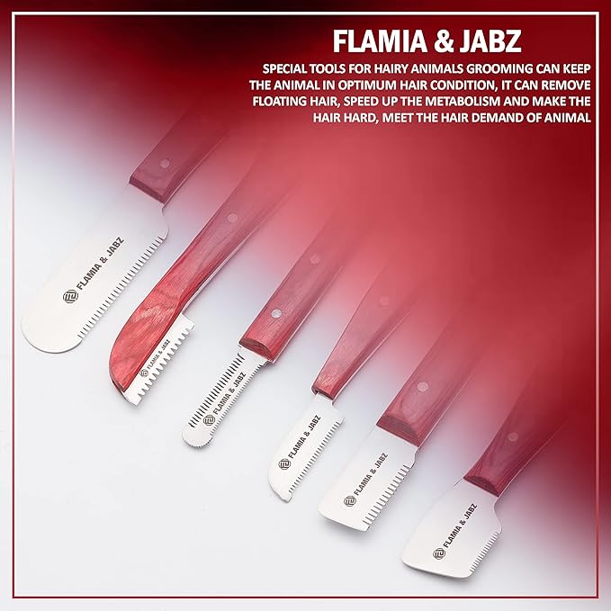 FLAMIA & JABZ FJ Professional Stripping Knife kit (6 pieces set) for Dogs & Pets, Wooden Handle Grip with Stainless Steel Blade (Right handed) (Coral Red)