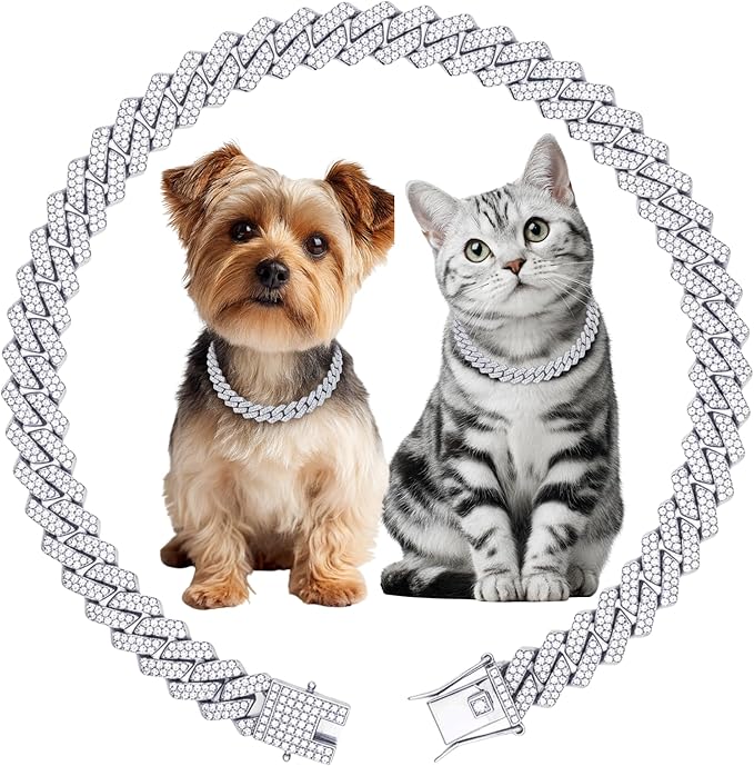 Luxury Cuban Link Dog Collar Silver Dog Chain Necklace with Diamond Rhinestones - 0.59 Inch Width Metal Pet Collar Jewelry for Small Medium Large Dogs & Cats (10 inch)
