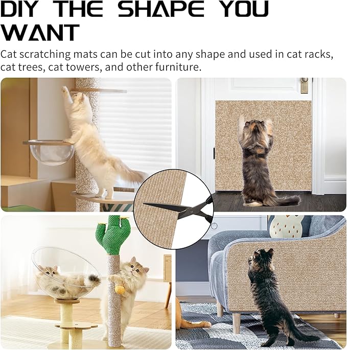 2 Pcs Total 78.8"x15.8" Cat Scratch Mat, Cat Scratch Couch Furniture Protector, Trimmable Self-Adhesive Cats Scratch Pads, DIY Cat Scratcher for Wall Protector and Covering Cat Tower (Khaki)