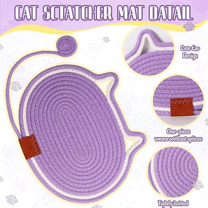 2 PC Cat Scratcher Mat - Natural Cotton Rope Oval Horizontal Scratch Pad (11''x13.7'') with Dangling Ball Toy, Cat Ear Design, Furniture Protector for Floor/Wall, Durable Handmade (Balck, 2 PC)