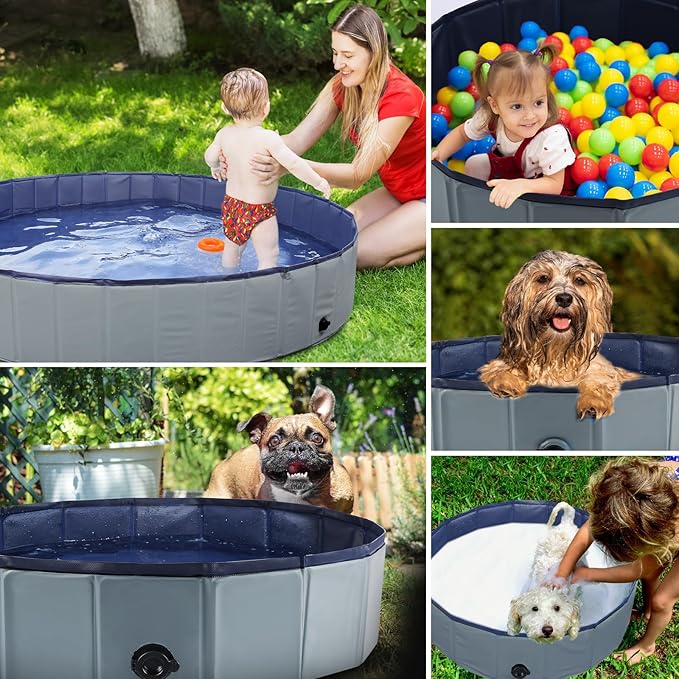 Foldable Dog Pool, Portable Pet Bath Tub and Kiddie Swimming Pool, Collapsible Bathtub for Puppies, Small, Medium and Large Dogs, Cats and Kids, 48 x 12 in, Gray