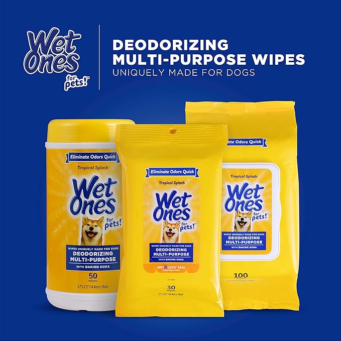 Wet Ones for Pets Deodorizing Multipurpose Dog Wipes with Baking Soda, Tropical Splash Scent - Desmellizing Wipes for Dogs in Canister, 50 Count - 3 Pack