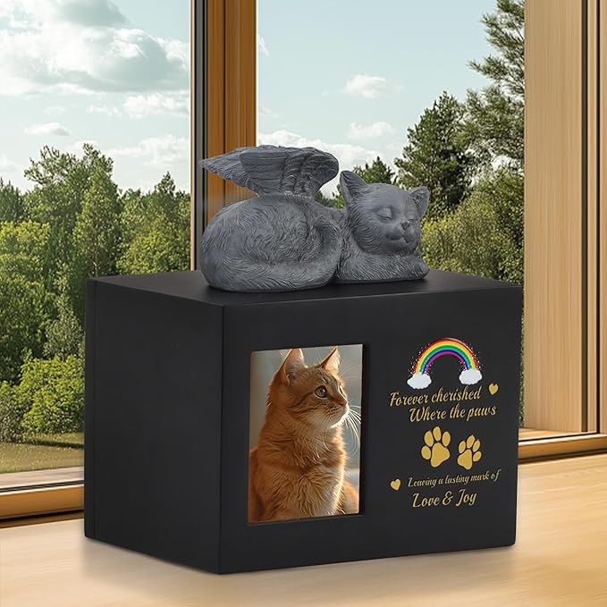 Cat Urns for Ashes, Rainbow Bridge Pattern Black Wooden Keepsake with Photo Frame, Pet Memory Box with Resin Cats Angel Statue and Sealed Storage Bags (Up to 10kg)