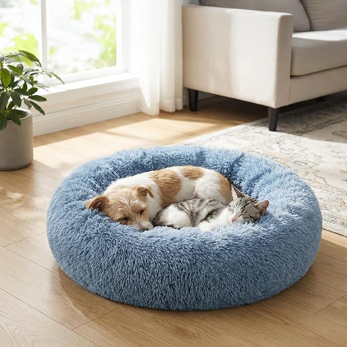 PetAmi Calming Dog Bed for Small & Medium Dogs and Cats, 30 Round Donut Dog Bed, Washable Fluffy Faux Fur Puppy & Cat Bed, Anti-Anxiety Plush Cuddler Pet Bed with Anti-Slip Bottom - Blue
