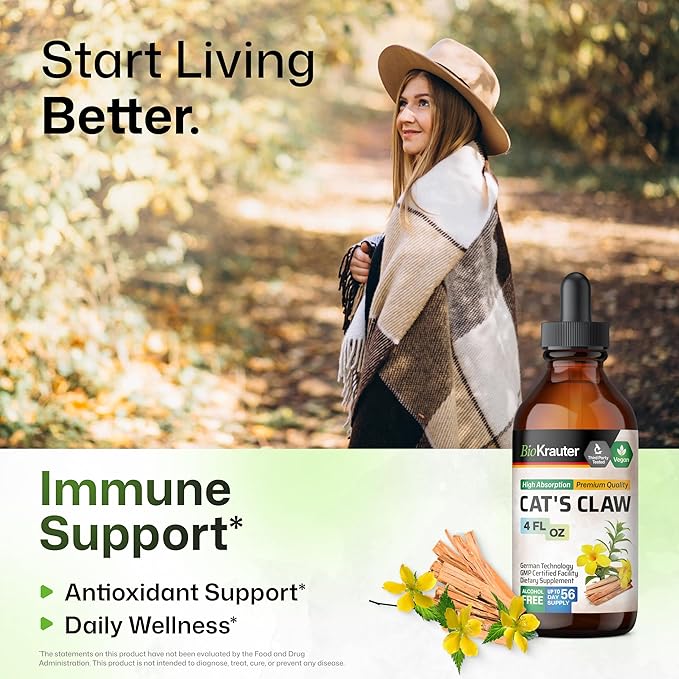 BIO KRAUTER® Сats Сlaw - Liquid Drops Pure Vegan Cats Claw Herb Supplement 625 mg per Serving 4 Fl.Oz 56-Day Supply - Used for Digestive & Immune Support, Natural Antioxidant - Alcohol & Sugar Free