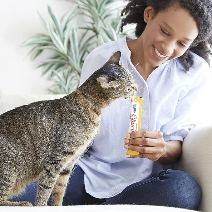 INABA Churu Cat Treats, Grain-Free, Lickable, Squeezable Creamy Purée Cat Treat/Topper with Vitamin E & Taurine, 0.5 Ounces Each Tube, 12 Tubes (4 per Pack), Chicken with Shrimp Recipe