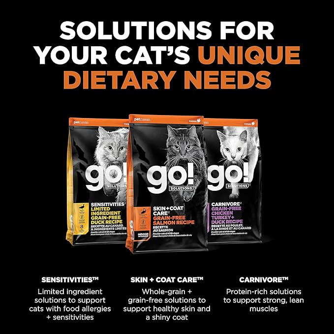 Go! Solutions Skin + Coat Care Salmon Grain-Free Dry Cat Food, Chicken-Free, Healthy Kibble with Omega-3s & 6s for Soft, Shiny Fur, for Kittens, Adults, & Seniors, 3 lb Bag
