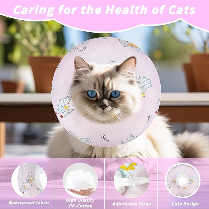 Soft Cat Cone Collar, Cute Cats Recovery Collar Suitable for Small, Medium, Large cat,Elizabethan Neck Collar for Cats After Surgery (Pink Cat, Medium)
