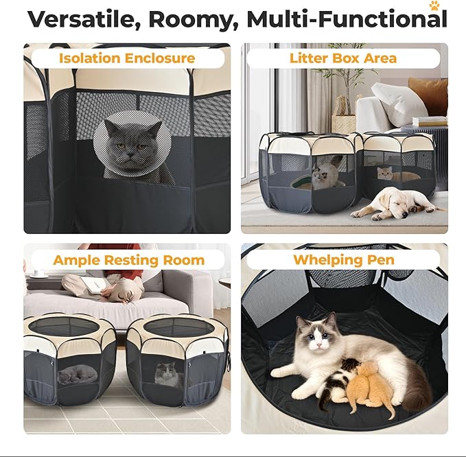 2-in-1 XLarge Pop Up Dog Cat Playpen, Detachable into 2 Separate Pens, Assembly-Free Portable Puppy House Collapsible Crates Pet Pen Tent Kennel Kitten Enclosure Cage Indoor Outdoor Foldable(L)