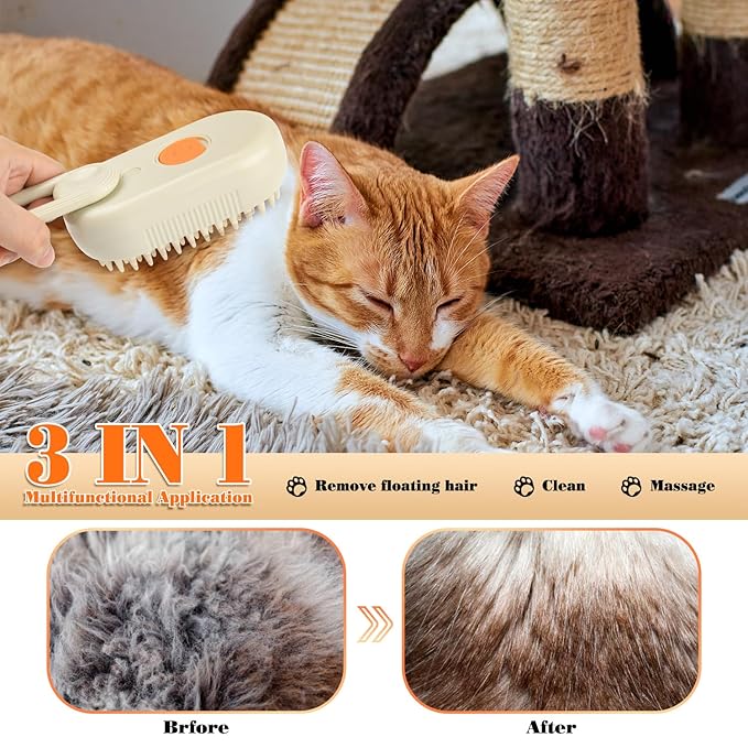 Cat Steam Brush for Shedding – Rechargeable Steam Pet Brush Flea, Anti-Static, Massage, Comb Cleaning All in One Pet Grooming Comb Hair Removal Tool for Cats and Dogs (2 PCS White Brown)
