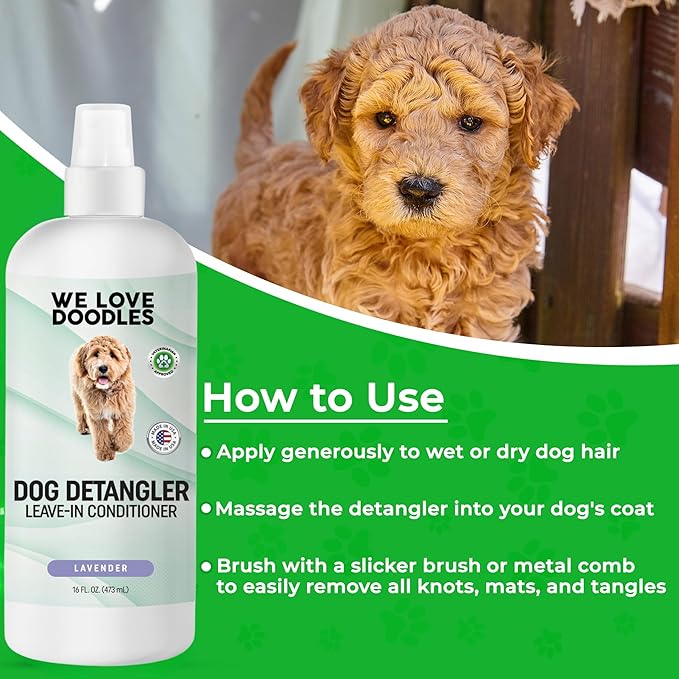 We Love Doodles Large Slicker Brush & Lavender Detangler Spray Pack - for Long-Haired Dogs, Dog Leave-In Conditioner for Reducing Mats, Knots & Tangles, Dematting & Conditioning Kit, 16 oz
