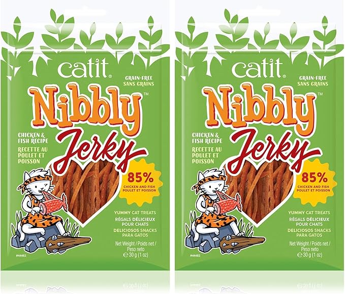 Catit Nibbly Jerky Cat Treats, Chicken & Fish Recipe - Grain-Free Cat Treat White, 1 Ounce (Pack of 2)