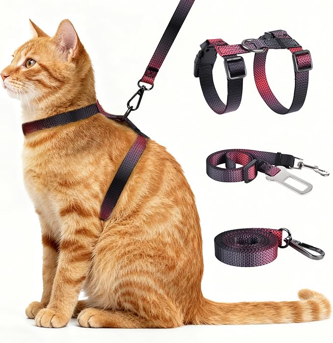 Cat Harness and Leash Set, 3-in-1 Escape Proof Adjustable, Comfortable Soft Lightweight, Safe, Easy to Wear, Walking Travel Kitten Harness for Small Medium Cats （Red