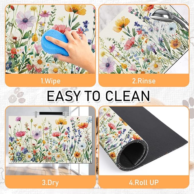 Dog Cat Food Mat - Absorbent Anti Slip Dog Bowl Mats for Food and Water, Quick Dry Cat Feeding Matts for Floors, Diatomite Pet Dish Placemat Accessories Supplies, Wildflower Style, 17 * 30in