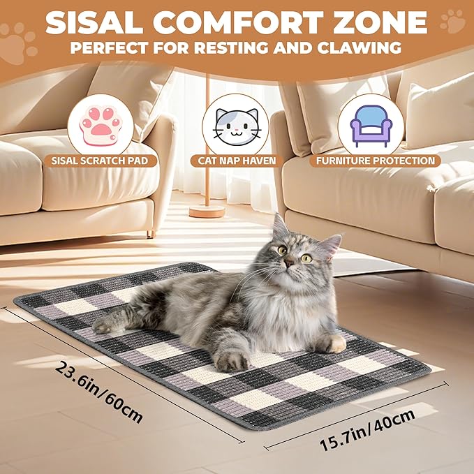 Cat Scratcher Mat, 23.6x15.7 Inch Natural Sisal Cat Scratch Pad, Horizontal Cat Scratching Pad Rug for Indoor Cats with Sticky Tapes, Protect Couch & Carpets（Black White）