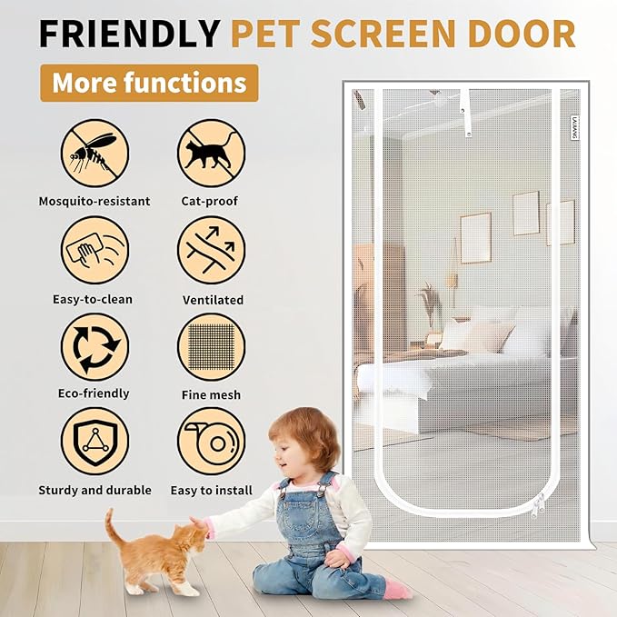 Cat Screen Door 34x83'' Reinforced Cats Resistant Mesh Screen Door with Zipper Closure, Pets Scratch Proof Screen for Living Room, Bedroom, Patio, Fits Openings 32x81''