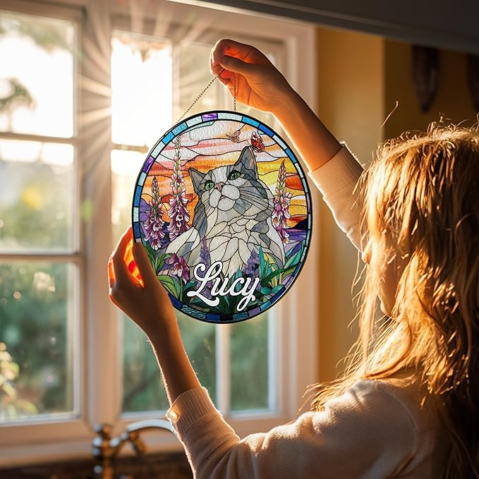 Custom Cat Dog Portrait Art Suncatcher Stained Glass Window Hanging Remembrance Gift Indoor Decor Dog Bereavement Keepsake Loss of Pet Sympathy with Name Date Portrait