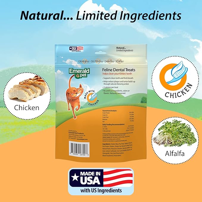 Emerald Pet Feline Dental Treats — Tasty and Crunchy Cat Treats Grain Free — Natural Dental to Clean Teeth, Freshen Breath, and Reduce Plaque and Tartar Buildup — Chicken, 32 oz