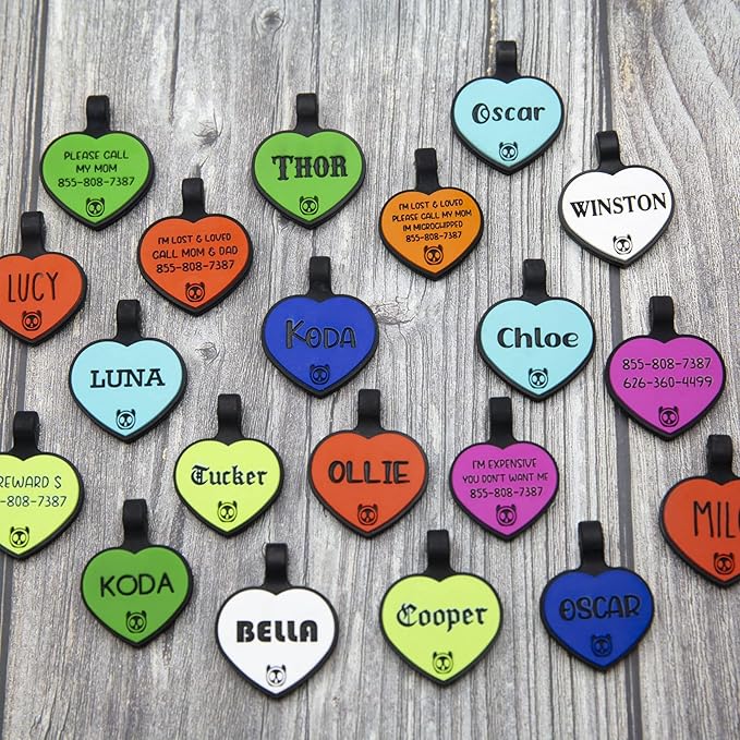 Silicone Silent Dog Tag Personalized with 5 Lines of Custom Deep Engraved Durable Soundless Pet ID Name Tag Heart White