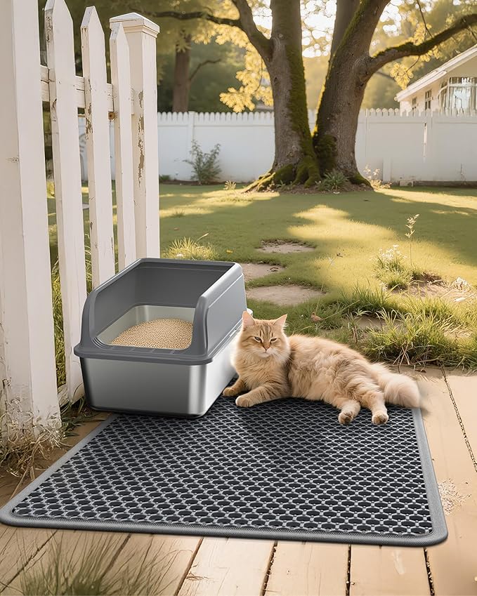 Cat Litter Mat - 30" x 24" Large Litter Box Mat with Double Layers, Urine-Proof and Non-Slip Litter Trapping Mat, Easy to Clean Kitty Litter Mats for Floor, Scatter Control, Grey
